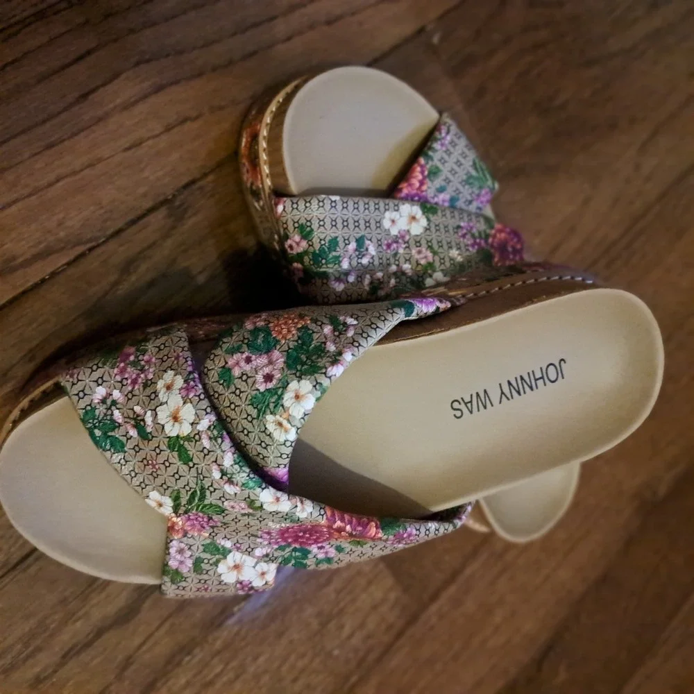 Johnny Was Floral Crisscross Platform Slide Sandals Boho Multi Color Womens Sz 6